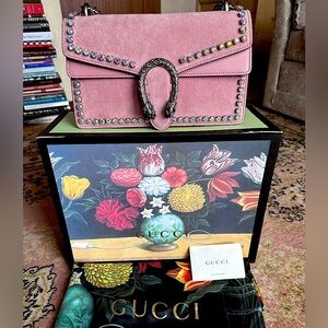 $3980 Gucci Peoria Pink Suede Crystal Dionysus Bag NIB